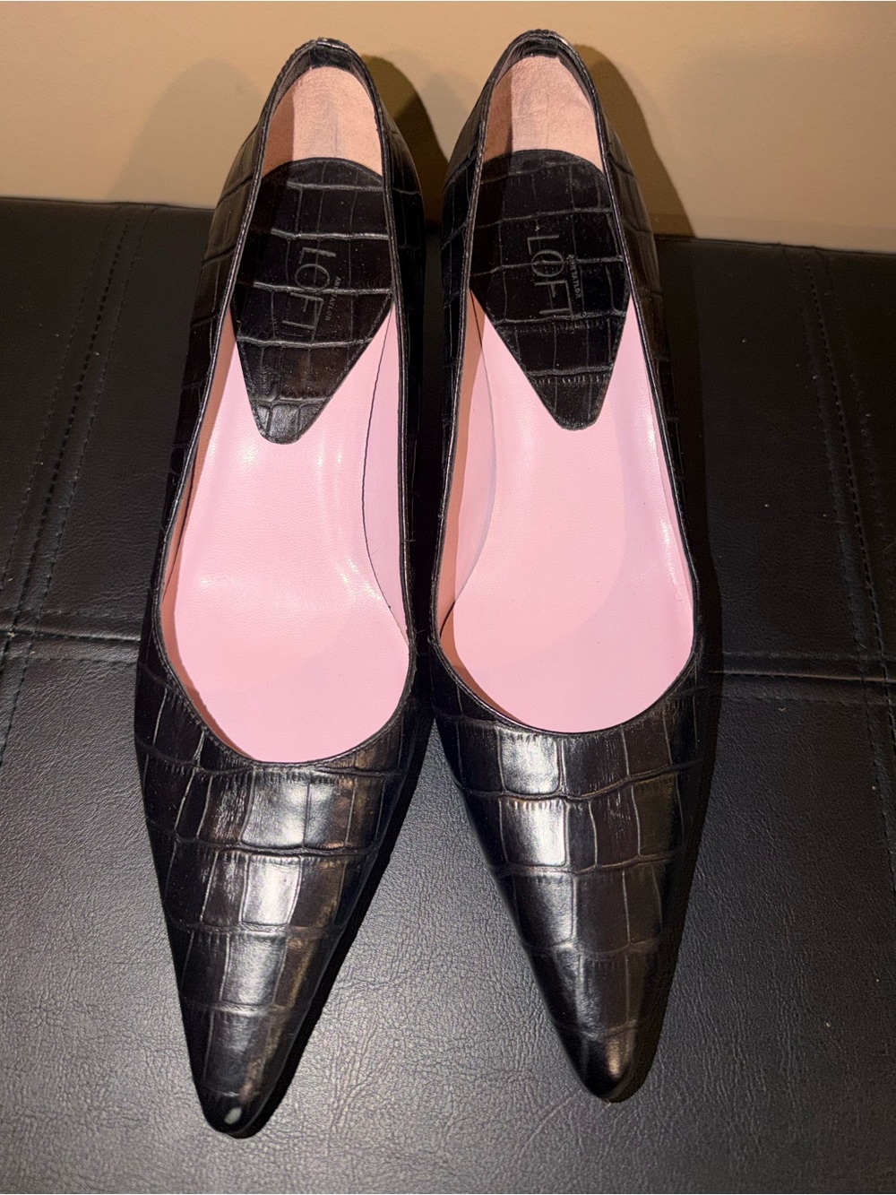 LOFT Black Croc-Embossed Pointed Toe Pumps with Pink Insole
